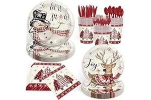 GRABNGOPARTY 168PCS Christmas Snowman Party Supplies Winter Holiday Let It Snow Party Decorations Red Watercolor Xmas Pine Deer Tableware Paper Plate Cup Napkin Forks Knives Serves 24