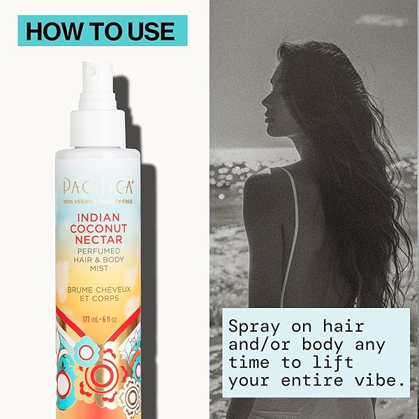 PACIFICA BEAUTY, INDIAN COCONUT NECTAR HAIR PERFUME & BODY SPRAY, COCONUT AND CREAMY VANILLA SCENT, NATURAL & ESSENTIAL OILS, ALCOHOL FREE, CLEAN FRAGRANCE, VEGAN & CRUELTY FREE