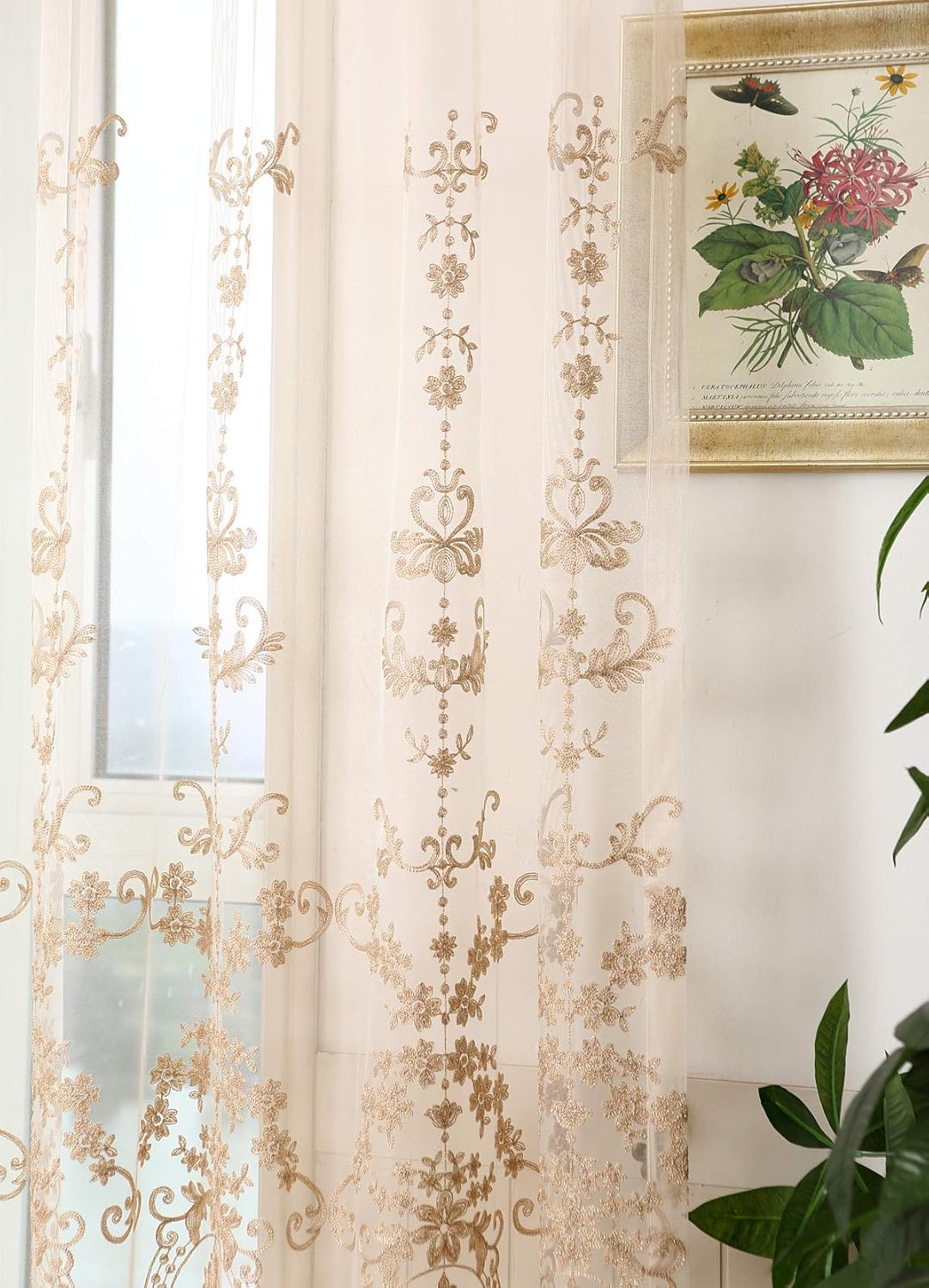 High Grade European Embroidered Sheer Curtains Rod Pockets Top Window Treatment Voile Panel Drape for Living Room Bedroom Kichen and Dining Room(1 Panel,W50 x L63 inch,Beige Bottom + Gold Embroidery): Home & Kitchen
