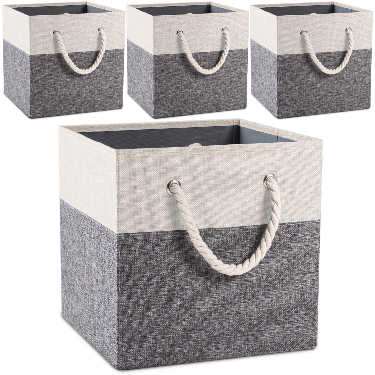 Photo 1 of PRANDOM Large Foldable Cube Storage Bins 13x13 inch [4-Pack] Fabric Linen Storage Baskets Cubes Drawer with Cotton Handles Organizer for Shelves Nursery Closet Bedroom White and Grey