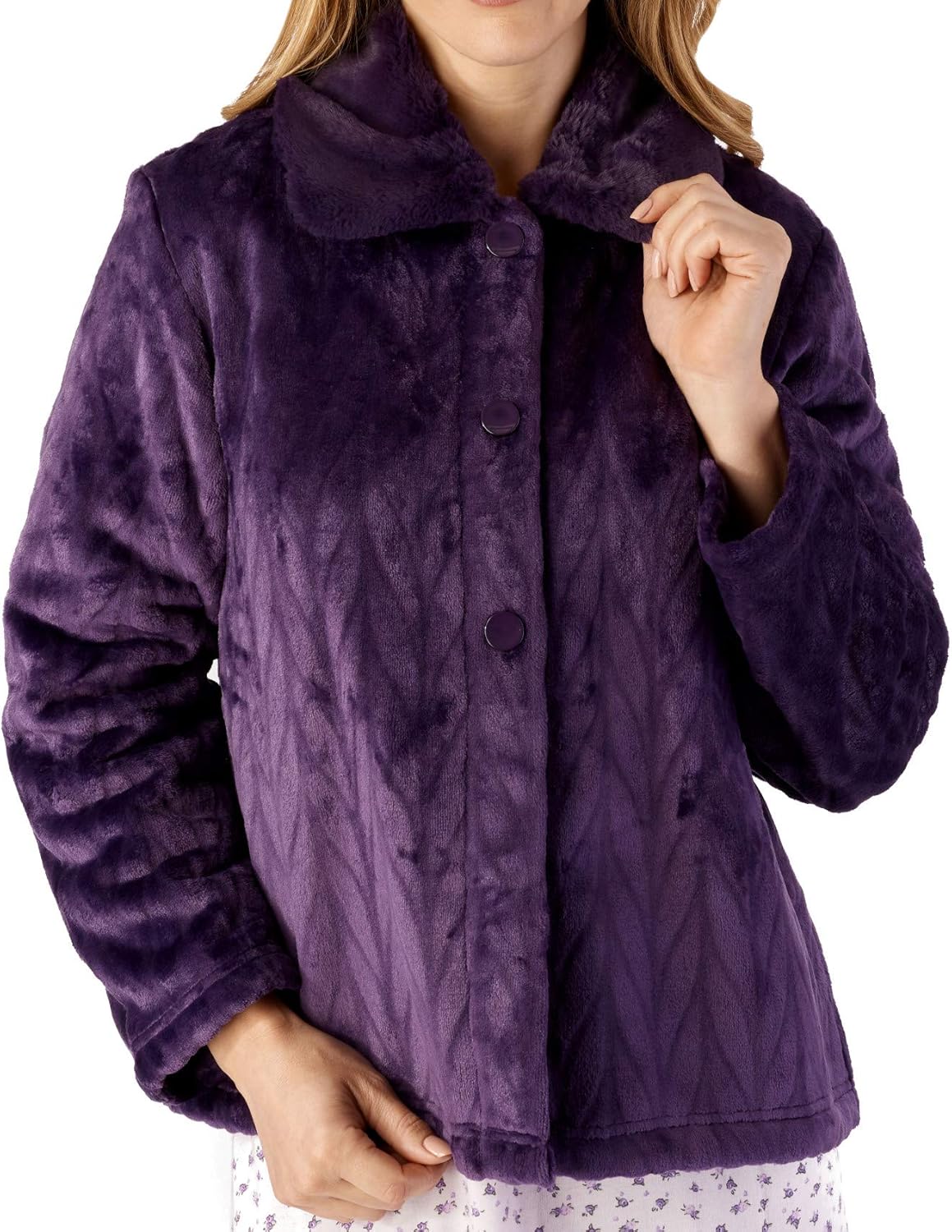 Slenderella Ladies Bed Jacket Faux Fur Collar Soft Fleece Button Front