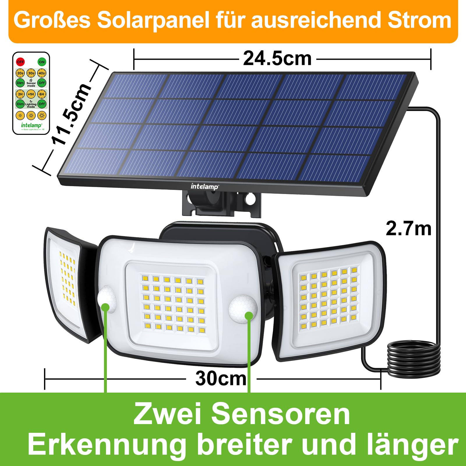 INTELAMP Solar Strahler mit Bewegungsmelder mit Fernbedienung, 6000mAh 1200LM Außenleuchte,4 Modi 270°Weitwinkel Solarlampen für Außen 108 LED IP65 Wasserdichte Wandleuchte für Garage, Garten 6