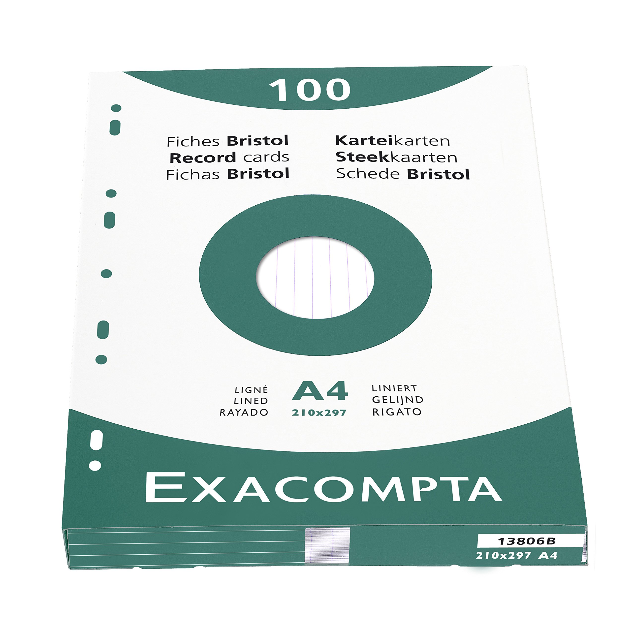 Exacompta - Ref 13806B - Bristol Lined Record Cards (Pack of 100) - A4 in Size, 205gsm Card, Compatible with Printers - Suitable for Exam Revision & Notes - White — image 1