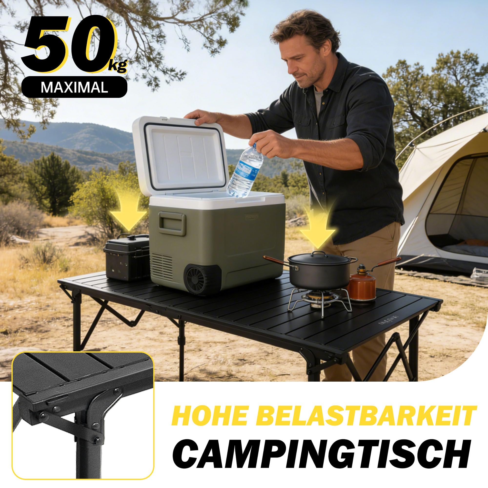 ARURU Groß Campingtisch faltbar Klapptisch 128×60.5cm mit Aluminiumrahmen Aufrollbare Tischplatte Falttisch klappbar Höhenverstellung - bis 50kg inkl für 4-6 Personen 4