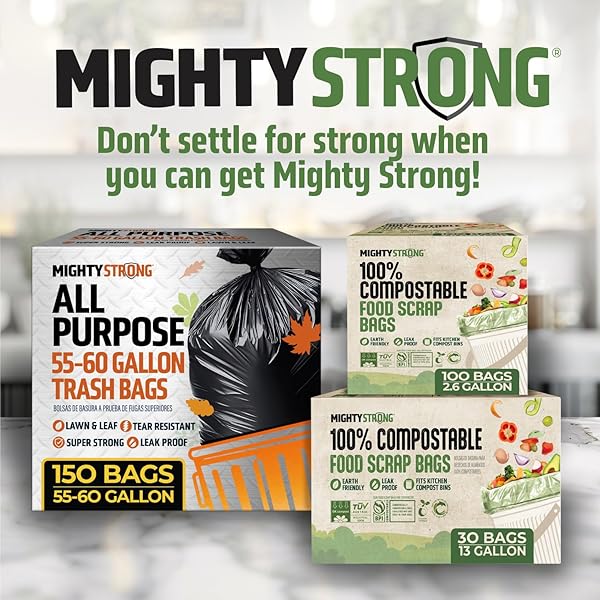 13 GALLON COMPOST BAGS WITH HANDLES – 30 COUNT BIODEGRADABLE TRASH BAGS, COMPOSTABLE TRASH BAGS, 13 GALLON TRASH BAGS, CERTIFIED BY BPI AND OK COMPOST, FOOD SCRAP GARBAGE BAGS, TALL KITCHEN