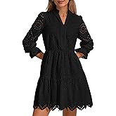 PRETTYGARDEN Women's Spring 2025 Long Puff Sleeve Mini Dress Hollow Out Lace V Neck A Line Ruffle Casual Party Dresses