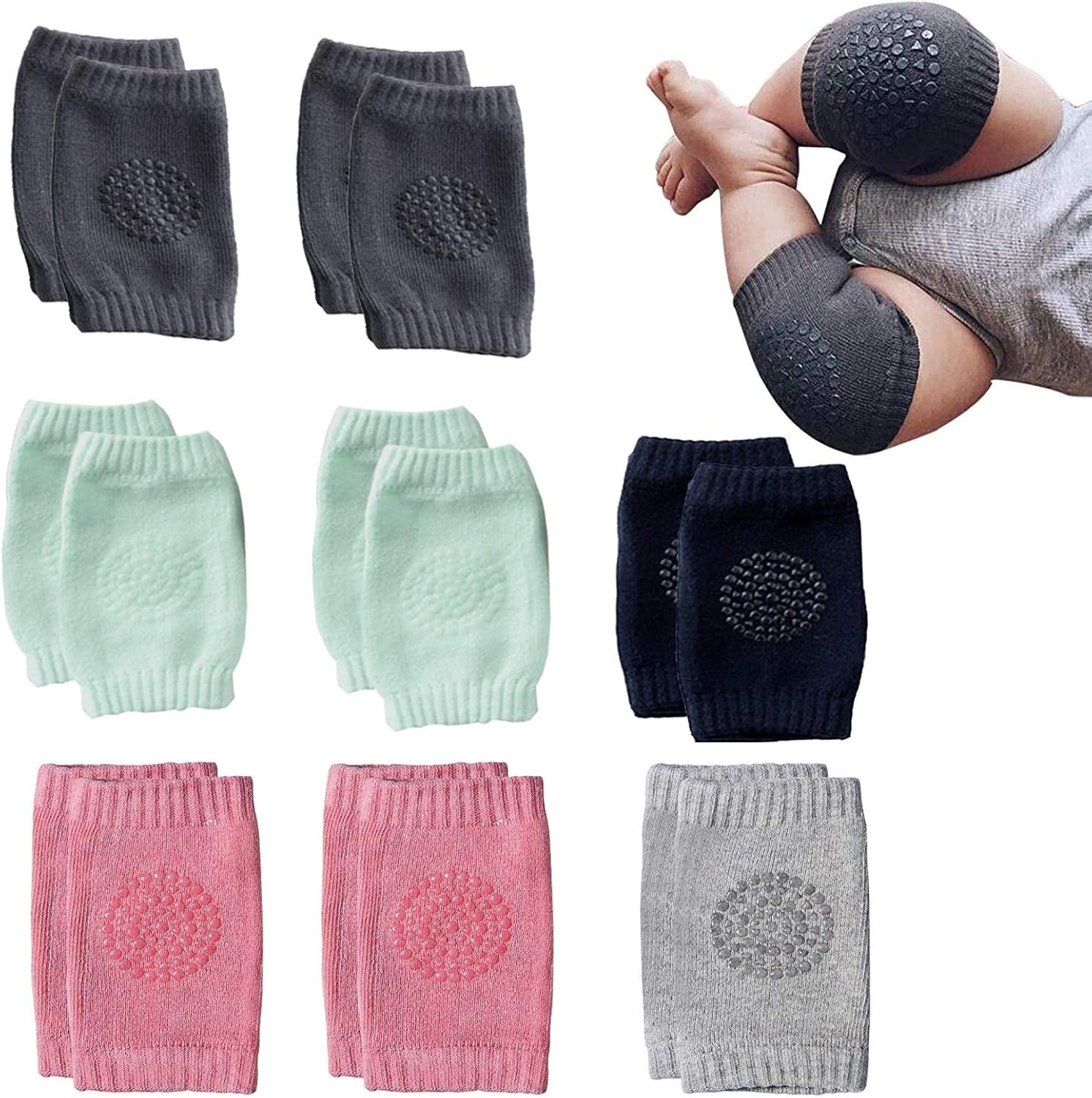 NEPAK 8 Pairs Baby Crawling Anti-Slip Knee Baby Knee Pads For Crawling and safety Walking Anti Slip,Unisex Baby Toddlers Kneepads, 2light Pink+ 2dark Grey+ 2green+ 1black+ 1gray
