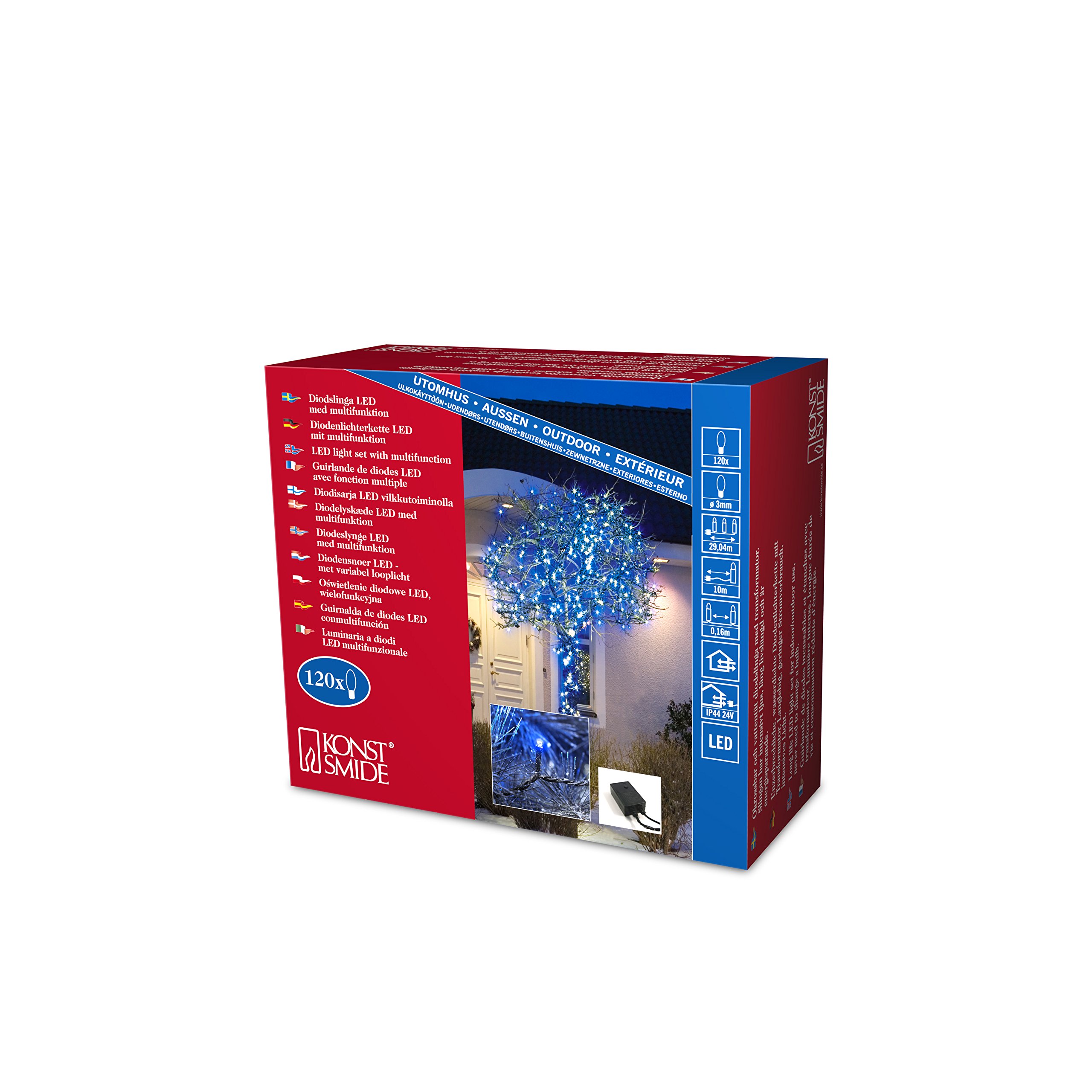 Konstsmide 3615-400 Micro LED Christmas Tree Lights/Outdoor or Indoor (IP44) / 24V Transformer / 120 Blue Diodes/Multifunction 8 Settings Including Static/Black Cable String Lights