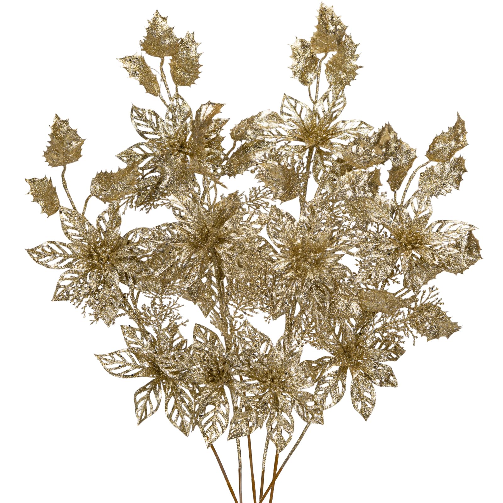 Photo 1 of 6 Pcs Christmas Tree Picks 25 Inch Glitter Christmas Flowers Poinsettia Glitter Christmas Picks Sprays with Flowers Holly Leaves Pine Needles for Xmas Tree Ornaments Fireplace Wreath - Champagne