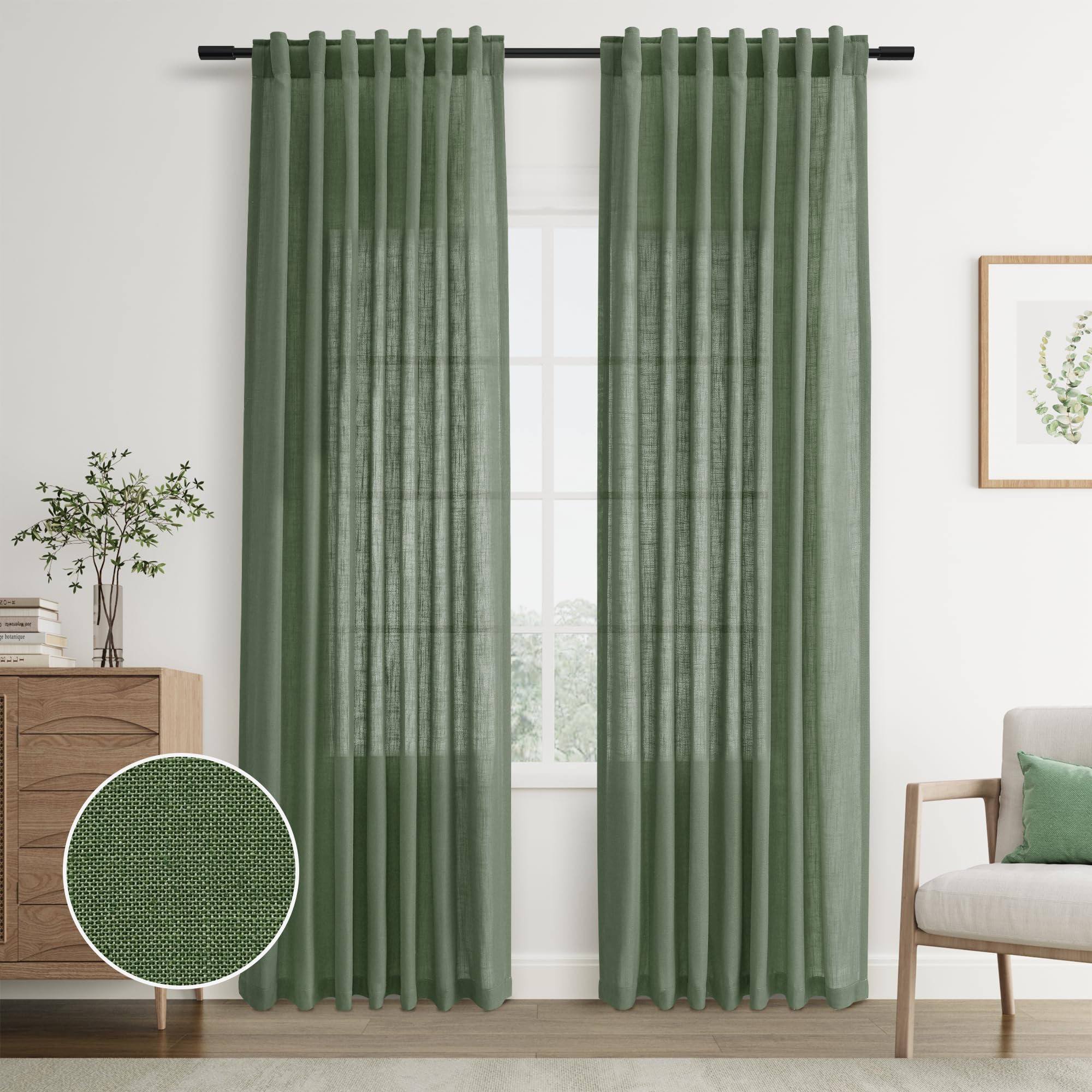 Photo 1 of Joywell Olive Green Back Tab Linen Curtains 90 Inches Long 2 Panels for Living Room Bedroom Neutral Boho Farmhouse Rustic Light Filtering Semi Sheer Curtains Window Treatment 52x90