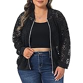 Agnes Orinda Plus Size Jacket for Women Sheer Floral Lace Zip Up Long Sleeve Lightweight Baseball Jackets