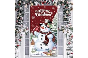 Tiamon Christmas Snowman Door Cover Merry Christmas Door Decorations Winter Snowman Backdrop Background Banner for Front Porch Xmas Party Decor Supplies(Red)