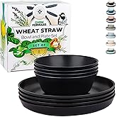 Grow Forward Premium Wheat Straw Plates and Bowls Sets - 8-Piece Wheat Straw Dinnerware Sets - Unbreakable & Reusable Microwave Safe Plastic Dinner Plates for Outdoors, RV, Camping Dishes - Midnight