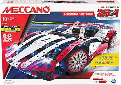 Meccano 25-in-1 Motorized Supercar Kit 347 Parts LED Lights STEM Building Set