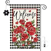 Baccessor Valentine's Day Welcome Garden Flag 12.5x18 Inch Double Sided, Floral Red Rose Love Hearts Flag Anniversary Wedding Spring Farmhouse Holiday Yard Lawn Outdoor Outside Decoration
