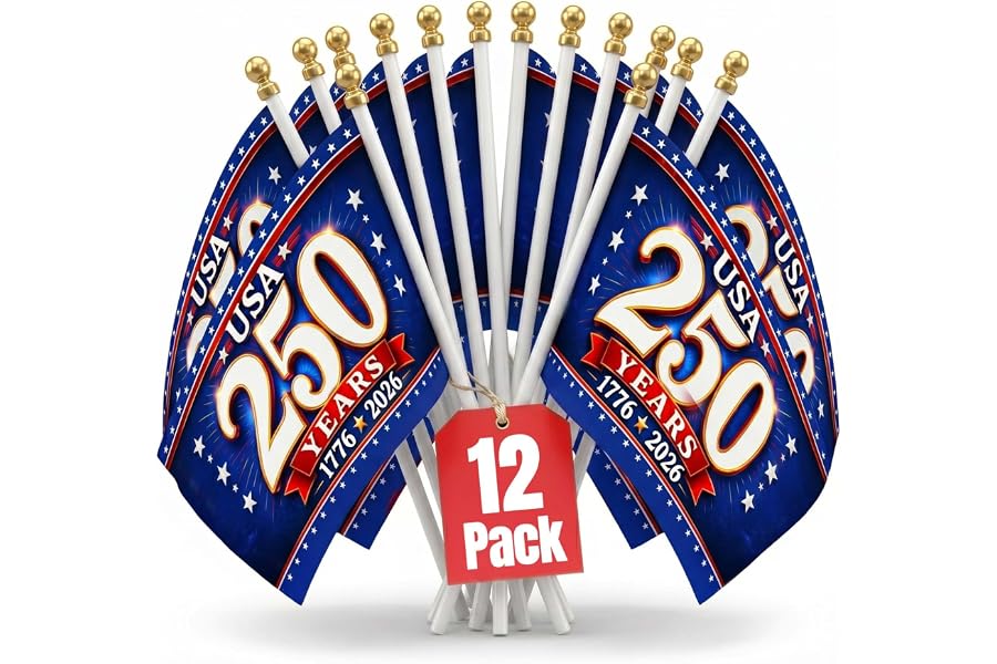 America 250th Anniversary Hand Flag 5x8 Inch - (12 Pack) – 1776 2026 USA Map Royal Blue Mini Patriotic Stick Flags 29cm Plastic Pole Gold Tips Table Desk Party Decor