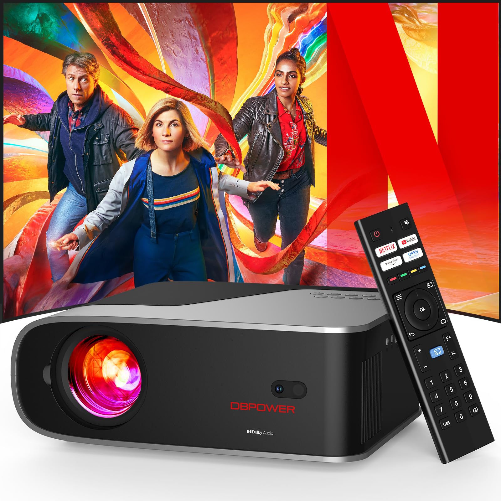 Photo 1 of [Auto Focus/Netflix-Certified/Dolby Audio]Smart Projector with WiFi and Bluetooth, DBPOWER Projector Built-in Apps, Native 1080P, Auto 6D Keystone, Upgraded Fan Cooling for Outdoor Movie Home Theater
