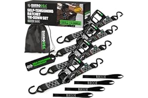 Rhino USA Self Tensioning Ratchet Tie Down Straps (4PK 1.6INX15FT)- Heavy Duty Patented Cargo Strap Keeps Tension When Your Load Shifts - Used for Motorcycle, ATV, UTV, Truck, General Cargo & More