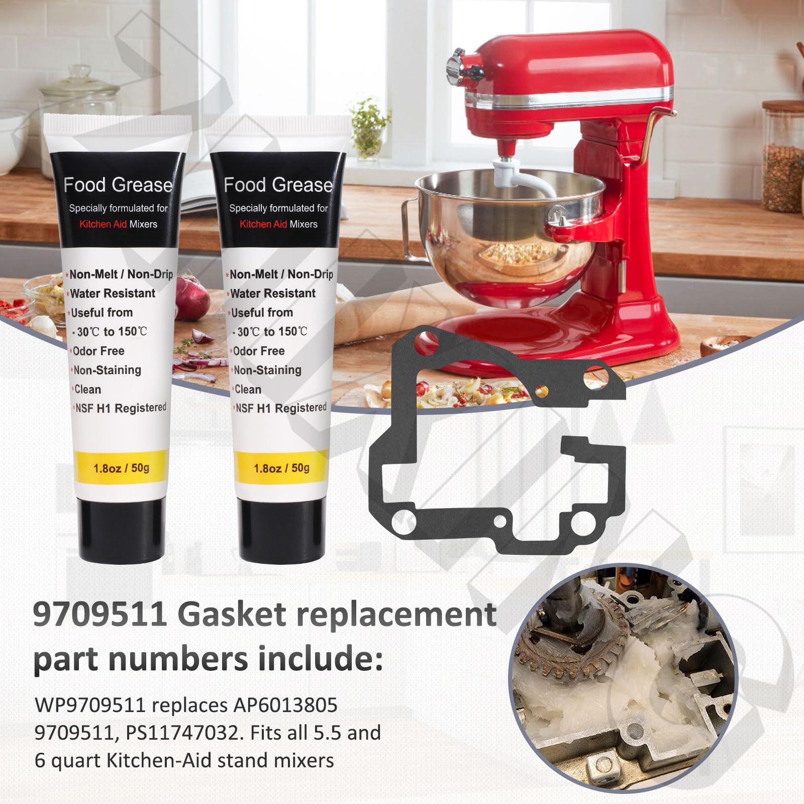 Worm Gear Kit 9706529, 9709511, 9703337, 9709231 Compatible With Whirlpool/KitchenAid 5QT & 6QT Stand Mixer with Worm Gear, Food Grade Grease, Retaining Ring Pliers, Mixer Bevel Gear Kit etc