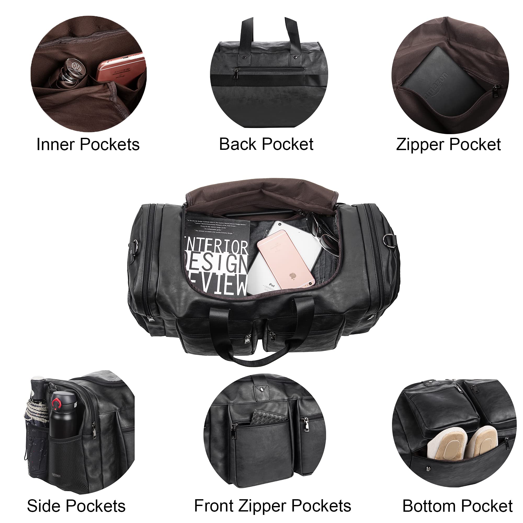 Travel Bag with Shoe Pouch,Weekender Overnight Bag Leather Large Carry On Bag