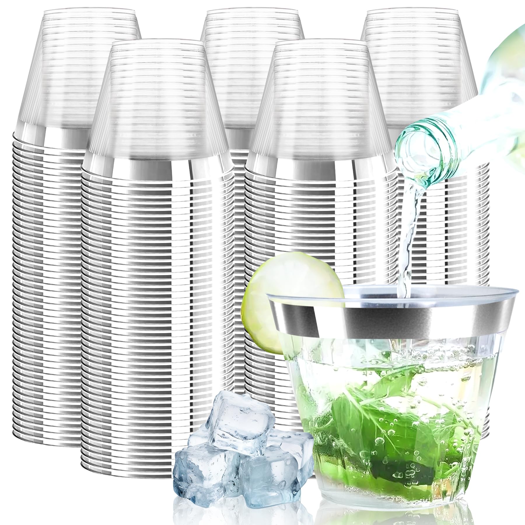 Photo 1 of [200 Pack] 9oz Clear Plastic Cups with Silver Rimmed Sturdy & Food Safe Disposable Wine Glasses Party Wedding Disposable Drinking Cups Plastic Cocktail Glasses for Wine, Juice & Cold Beverages