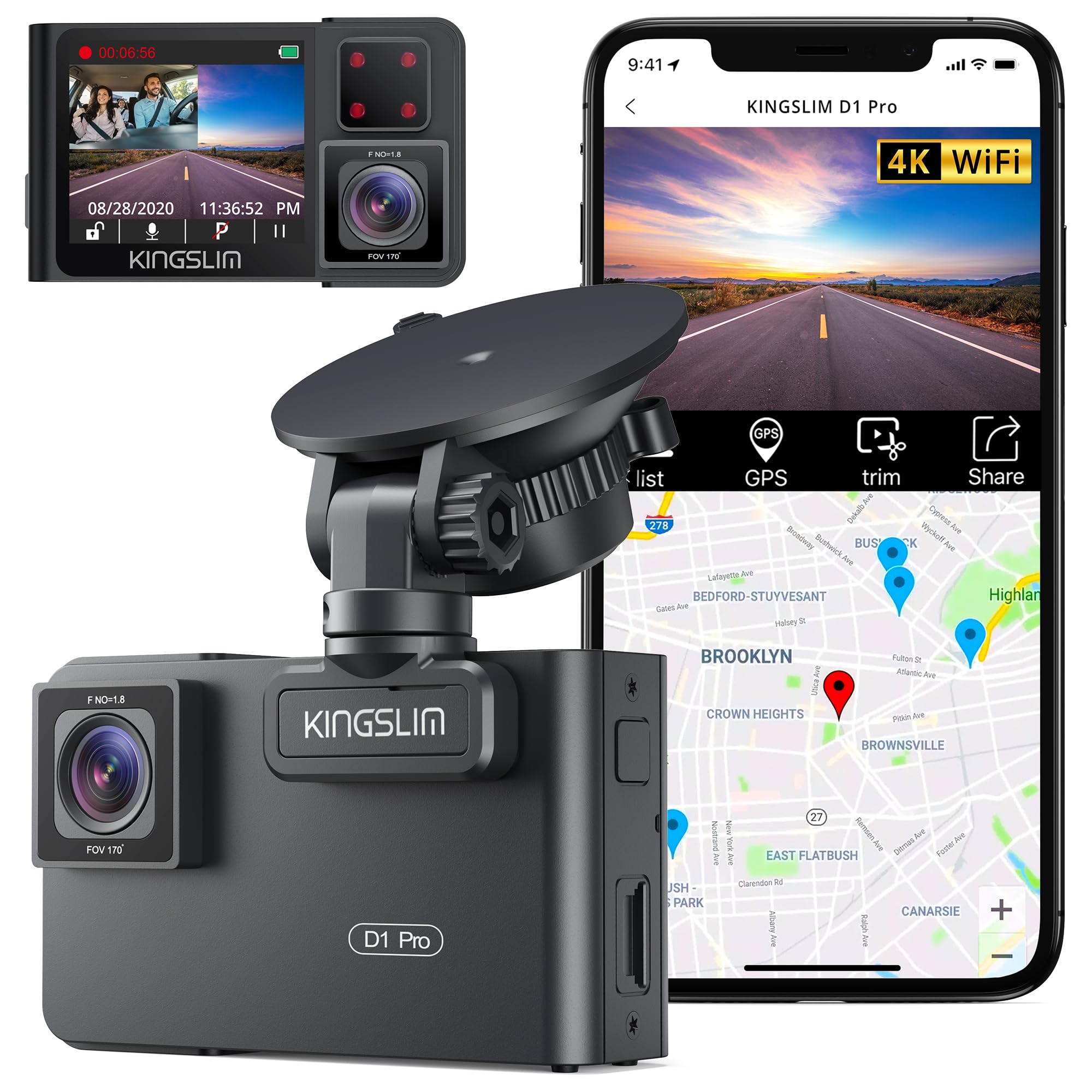 Photo 1 of Kingslim D1 pro Dual Dash Cam 4K Record Inside - Front and Inside Dash Camera GPS WiFi for Cars Uber Truck, Dashcam with Infrared Night Vision, G-Sensor, Loop Recording(Upgraded Version)