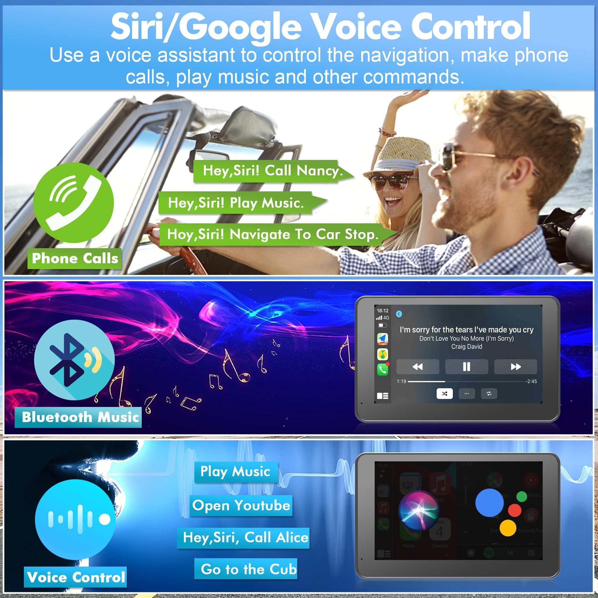 【Hieha】 2025 Wireless Portable Carplay and Android Auto, Carplay Screen for Car with Mirror Link/AUX/FM,7