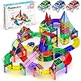 PicassoTiles 128 Piece Race Car Track Building Block Educational Toy Set Magnetic Tiles Magnet Playset 3 LED Car STEM Learning Construction Kit Hand-Eye Fine Motor Skill Training Brain Development