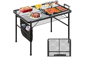 MEXMIODY 3×2FT Folding Grill Table, Lightweight Height Adjustable Metal Aluminum Grill Table with Mesh Desktop and Mesh Bag for Camping, Picnic, Beach and BBQ, Black