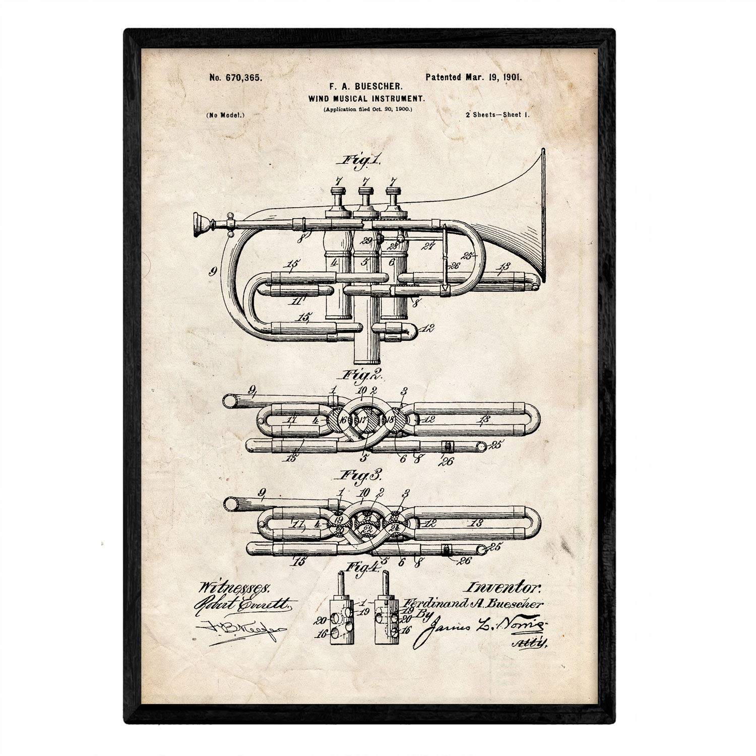 Nacnic Poster patent Trumpet. Sheet with old design patent in A3 size and vintage background