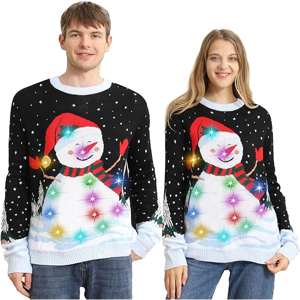 Ugly Christmas Sweater Women Men,Light Up Christmas Sweater for Couples,Funny Cute Reindeer LED Xmas Tacky Sweaters