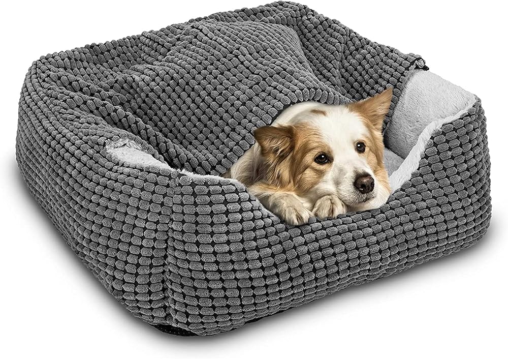 JOEJOY Rectangle Dog Bed Hooded Cave Cushion Large Pet Bed 76x61x23 cm
