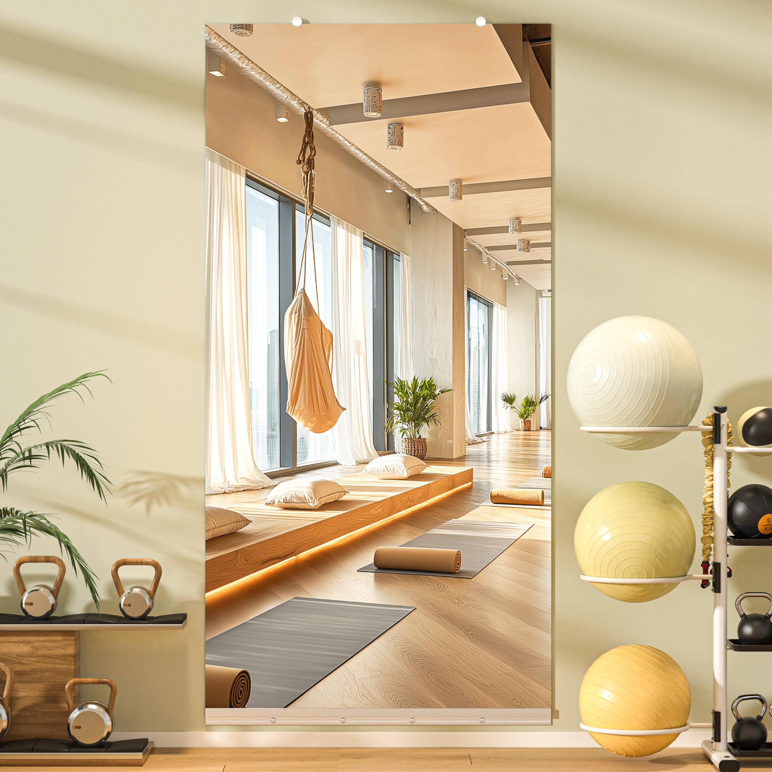 Photo 1 of Hasipu Home Gym Mirror, 79"x36" Each, 1-Pack Frameless Wall Mounted Mirrors with Glass Clamps & 1 Aluminum Rail, Large Body Mirror for Home Gym, Yoga Studio, Bedroom, Silver Tempered Glass