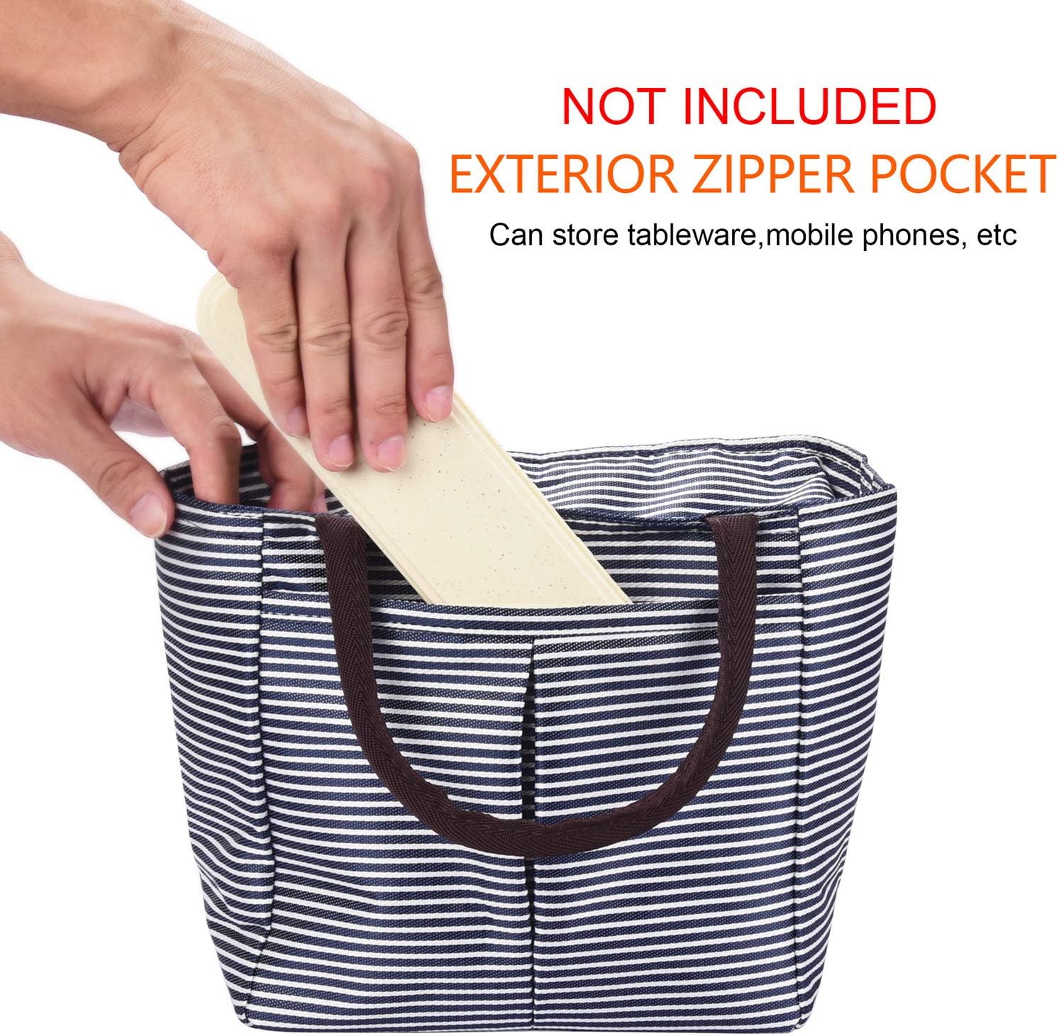 blue and white striped lunch bag