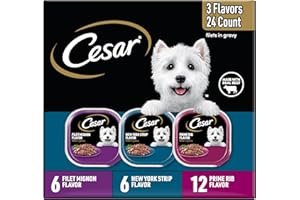 Cesar Filets in Gravy Adult Wet Dog Food Variety Pack, Filet Mignon, New York Strip and Prime Rib Flavors, 3.5 oz. Easy Peel Trays, Variety Pack of 24