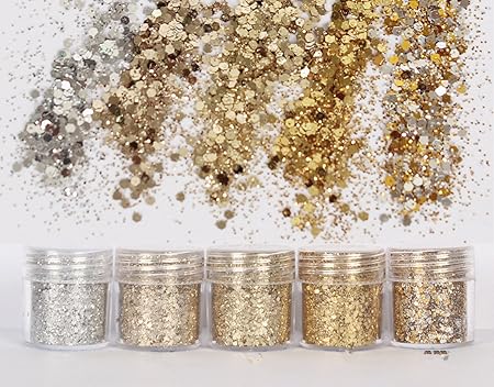 Amazon Kingsie グリッター 容器入り キラキラ ネイルパーツ ネイルアート ラメグリッター ラメパウダー 顔 ボディ ヘア飾り クリスマス パーティー 5個セット ゴールド 5個セット Kingsie グリッター ラメ 通販