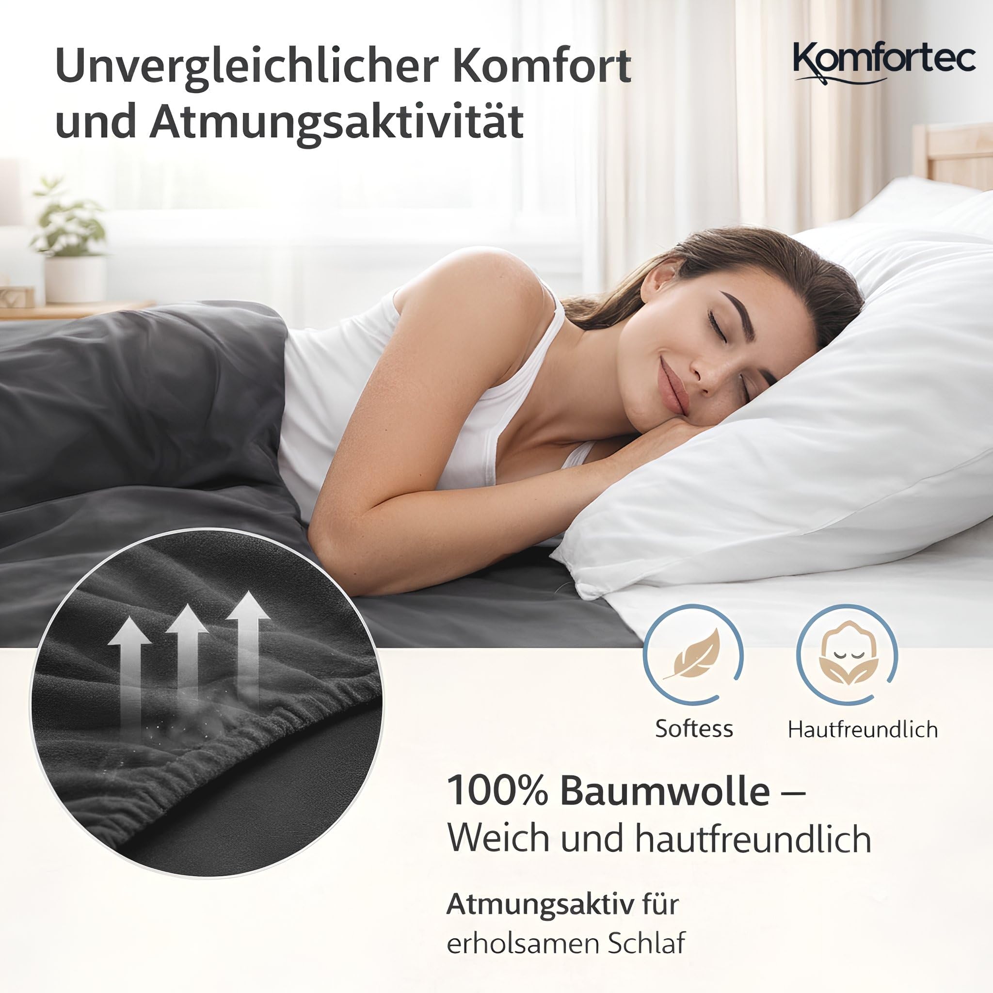 Komfortec Spannbettlaken Jersey 100% Baumwolle – 140x200 cm – 135g/m² – Weich, Atmungsaktiv & Hautfreundlich – Mit Rundumgummi – Oeko-Tex Zertifiziert – Für Boxspring, Topper & Matratzen – Anthrazit 3