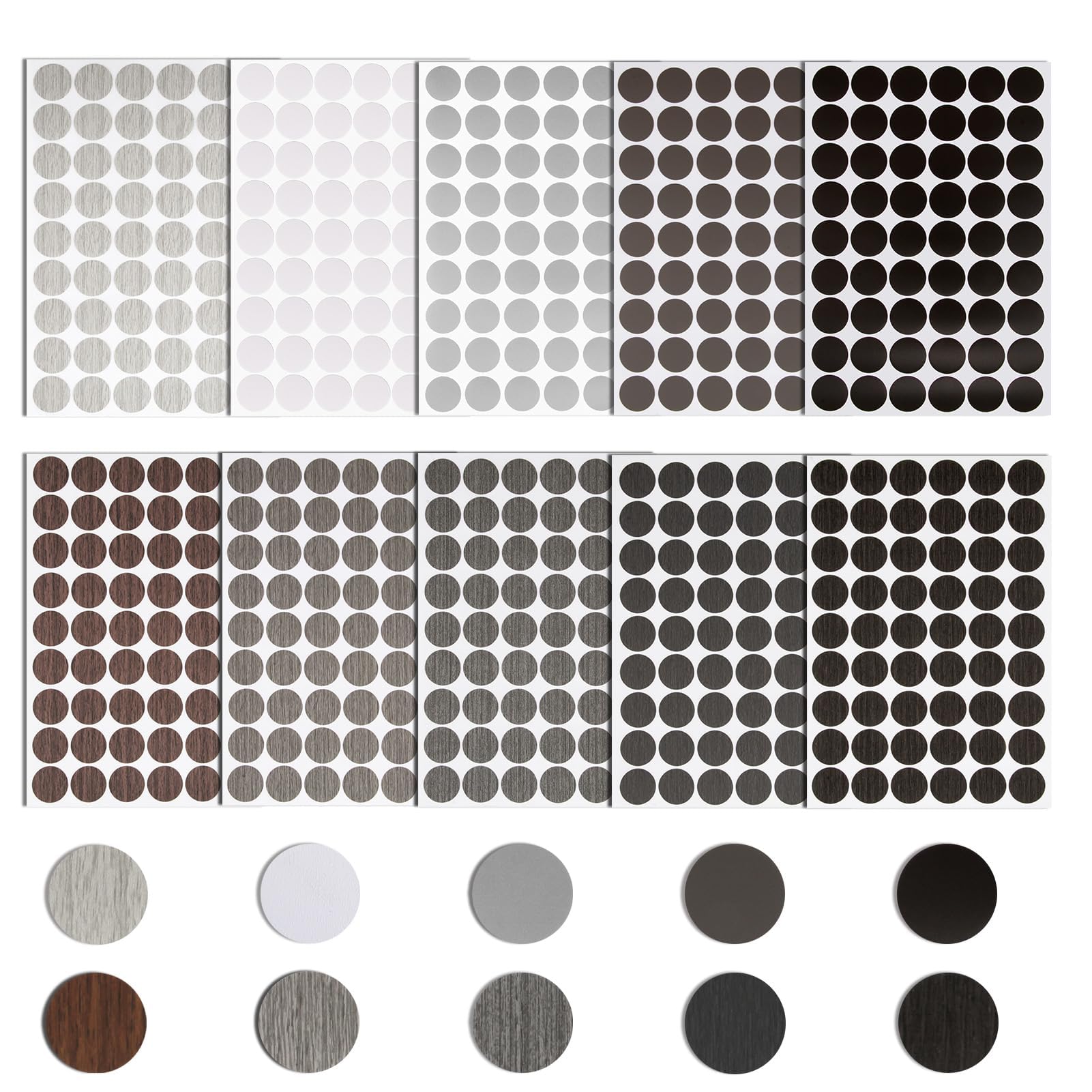 540pcs Screw Hole Stickers, Waterproof 21mm Wood Texture Screw Hole Covers Caps to Beautify Grey Oak Wooden Furniture, White Light to Dark Grey Black, 10Colors