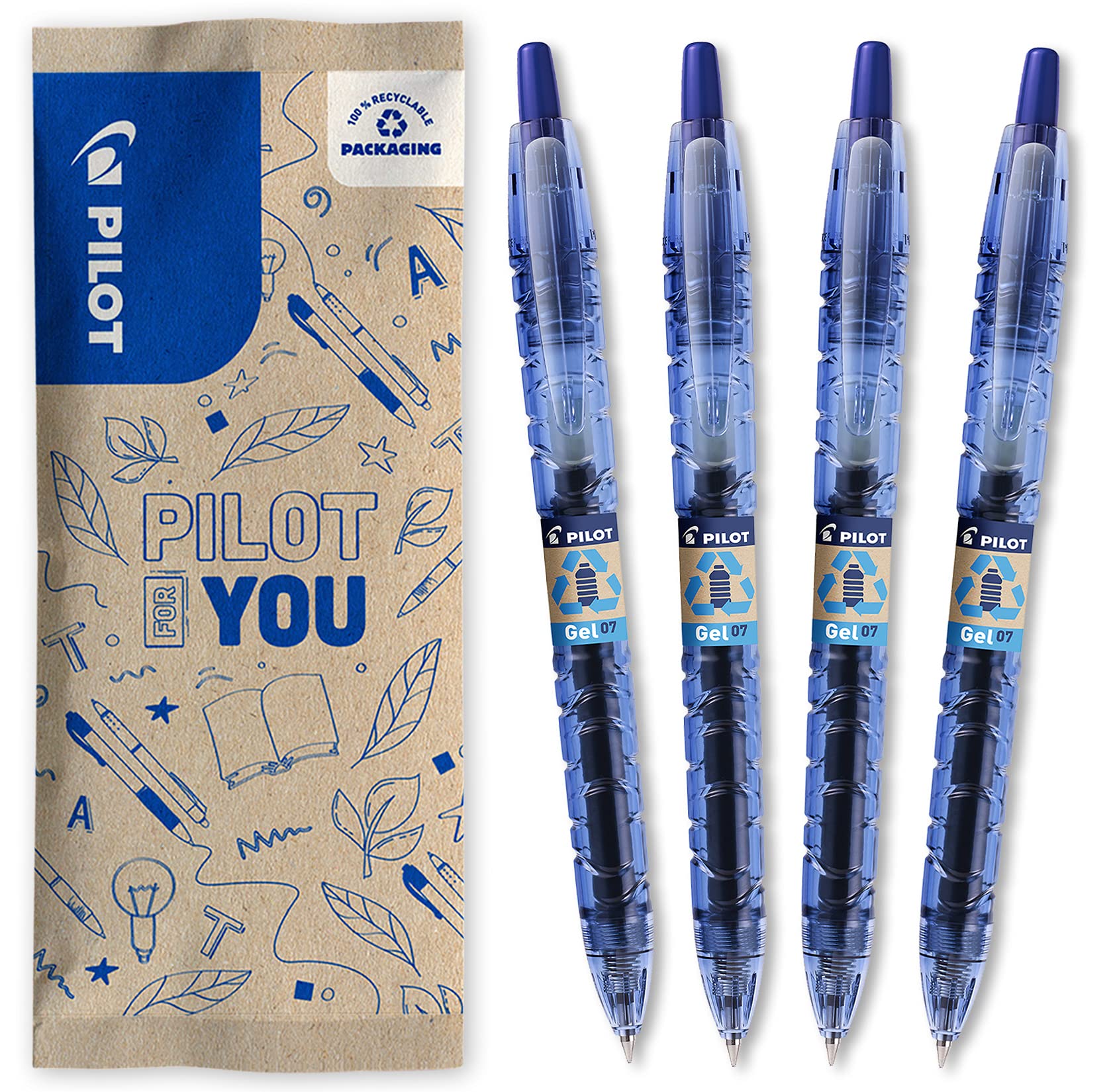 PILOT - Pack of 4 B2P Gel 0.7 - Gel Ink Roller Ball Pen - Medium - Begreen - Blue