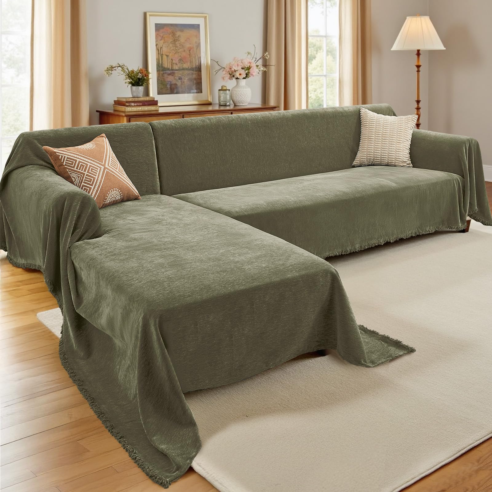 Photo 1 of ***GREY NOT GREEN*** CAPALOCA Sectional Couch Covers, 2 Pieces Chenille Sofa Cover L Shaped Couch Cover Blanket for Dogs Washable Sofa Slipcovers Pet Furniture Protector (XX-Large: 71" x 118" + 71" x 118", Sage Green)