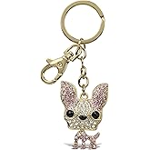 Aqua79 Pink Chihuahua Dog Keychain - Gold 3D Sparkling Charm Rhinestones Fashionable Stylish Metal Alloy Durable Key Ring Bling Crystal Jewelry Accessory with Clasp