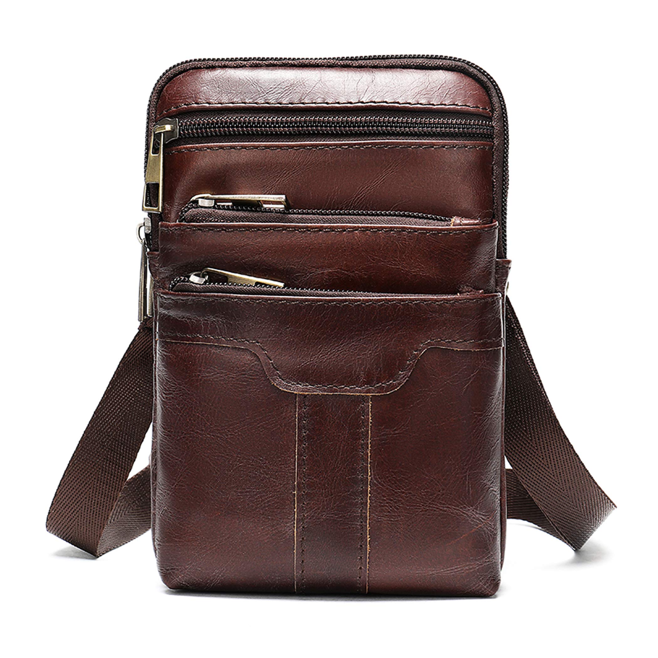 Brown Leather Crossbody Cell Phone Bag with Multiple Vertical Pockets - Men's Waist Bag with Cell Phone Belt Holster