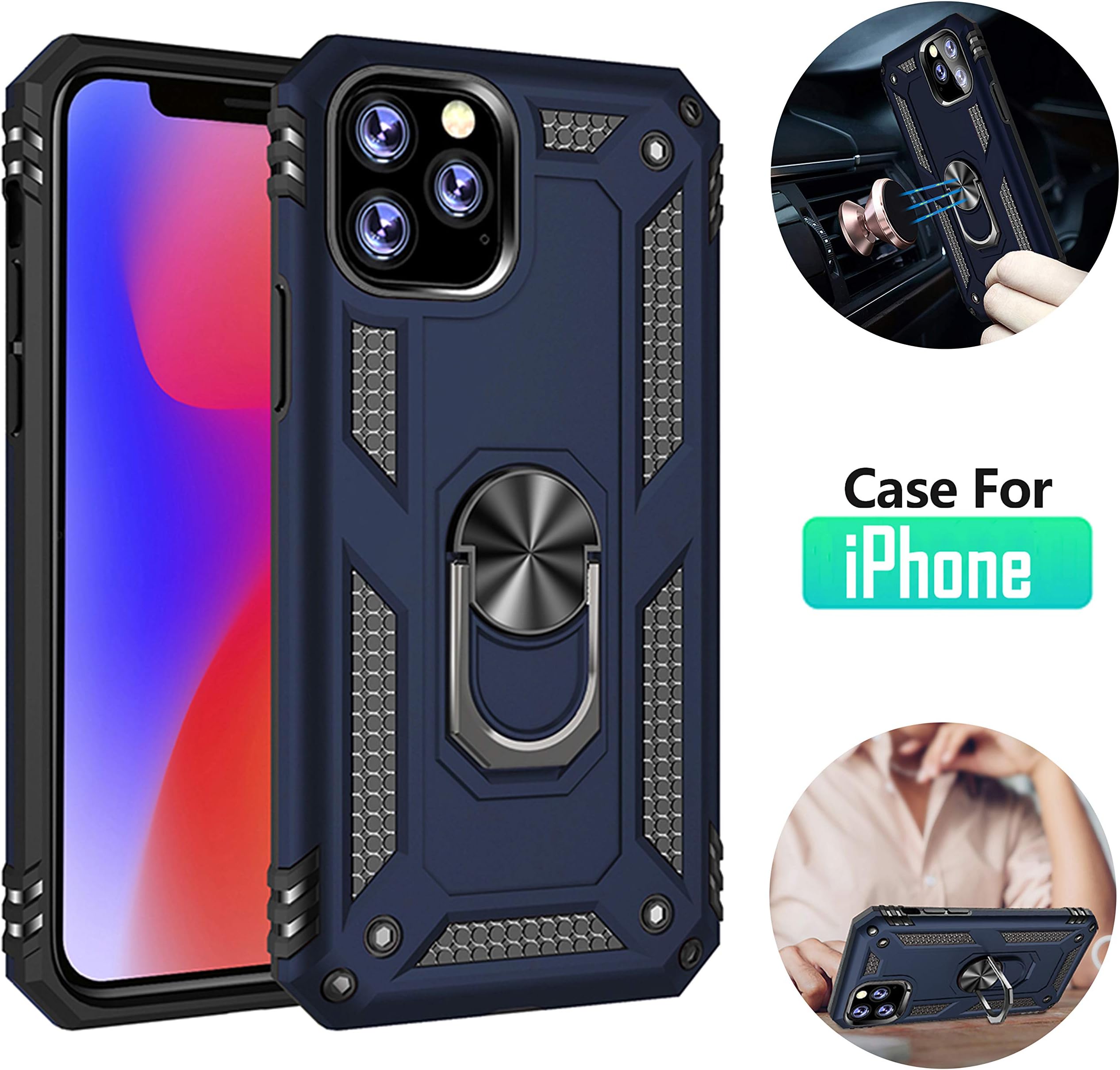 iPhone 11 Case with Kickstand and Metal Back Compatible with Apple iPhone 11 I Metal Ring I Magnetic Car Mount Cases I Full Body Protection Covers Shockproof Holster (Blue, 11/6.1 inches)