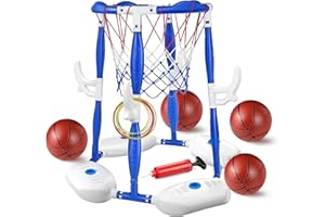 LPFG Pool Basketball Hoop, 2-in-1 Floating Basketball Hoop & Ring Games with 4 Balls 12 Rings and Pump, Outdoor Family Party 