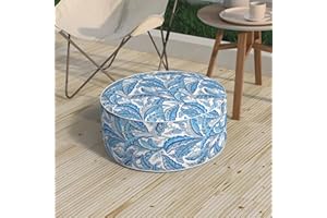 Melody Elephant Patio Inflatable Ottoman, 21x9 Inch Portable Stool Ottoman with Handle, Outdoor Round Footrest Stool for Garden Camping, Monotone Leaves Blue