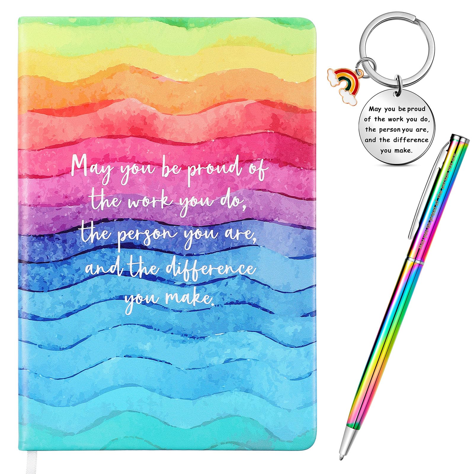 3 Pcs Thank You Gifts for Coworkers Women, Employee Appreciation Gift Set with Inspirational Notebook Rainbow Pen and Keychain, Leaving Gifts for Teacher Nurse Volunteer Friend(Rainbow,Style 2)