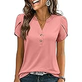 ANRABESS Womens Petal Short Sleeve Henley Shirts Summer 2026 V Neck Dressy Casual Blouses Spring Business Work Tunic Tops