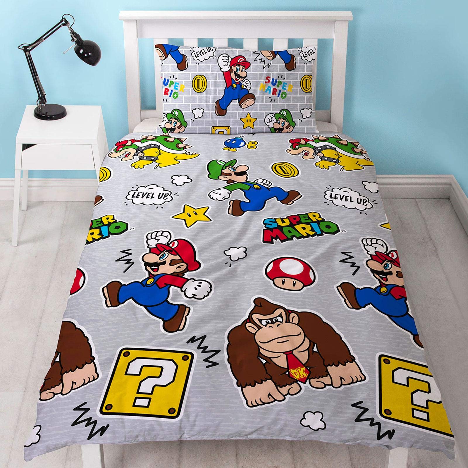 Nintendo Official Super Mario Level Up Single Duvet Cover Design | Reversible Two Sided Mario & Luigi Grey Bedding Duvet Cover With Matching Pillow Case