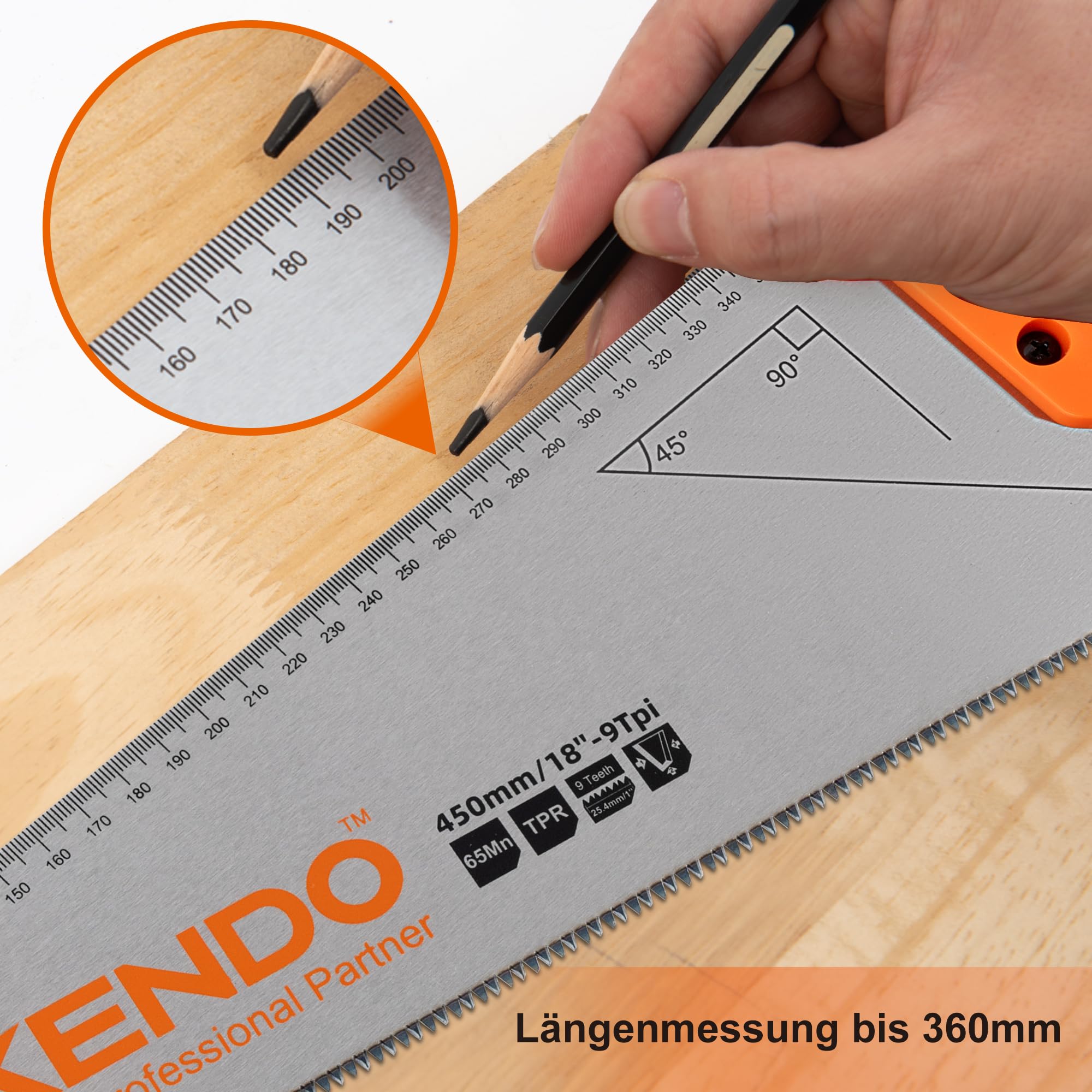 KENDO Fuchsschwanz Säge 450 mm, 9 Zähne/Zoll dreifach geschliffene Verzahnung 4