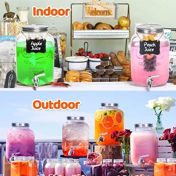 2 GALLON DRINK DISPENSERS – LARGE GLASS BEVERAGE DISPENSER FOR PARTIES WITH 18/8 STAINLESS STEEL SPIGOTS(2 SET), SUN TEA GLASS JAR FOR OUTSIDE, LEMONADE DISPENSER, PARTY‘S GIFT